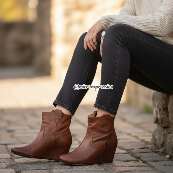 Frye Shoes - Frye Carson Wedge Cognac Leather Cute Ankle Bootie